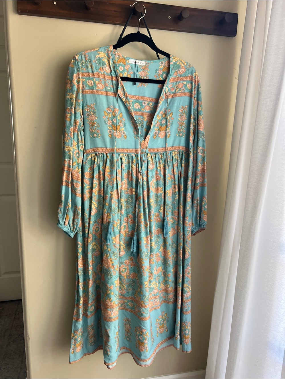 Boho Mint Floral Midi Dress with Tassel Tie